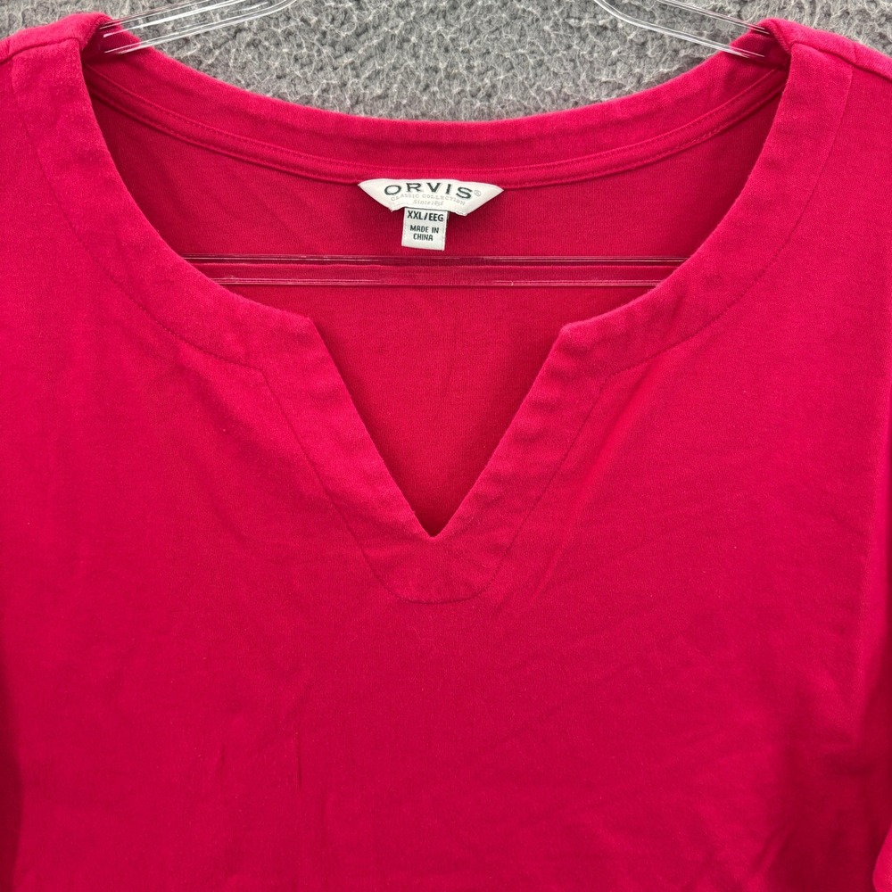Orvis Shirt Women XXL Red Pima Cotton Notch Neck 3/4 Sleeve Solid Casual